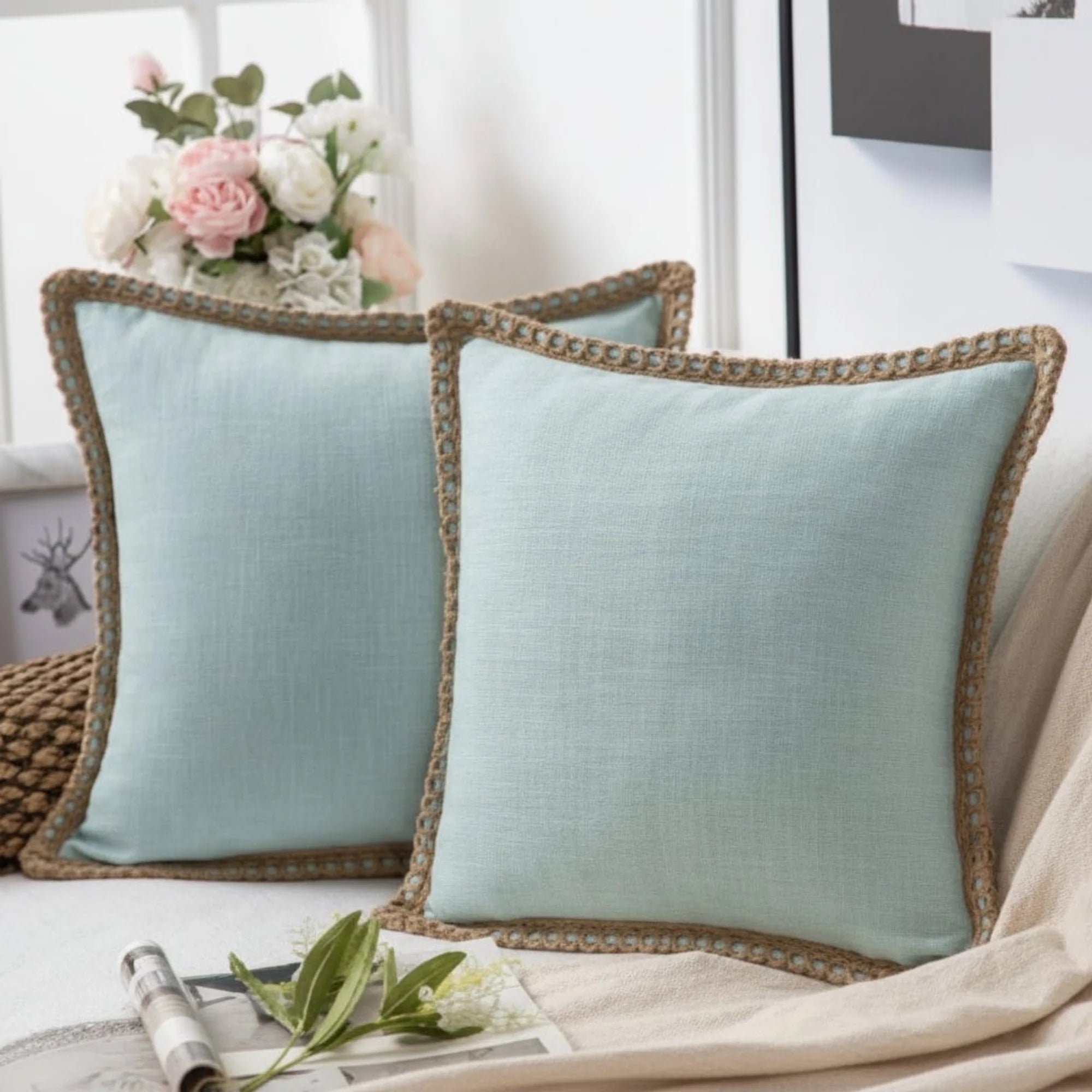 Square decorative cushion cover featuring a delicate crocheted trim, crafted from soft fabric in a French style, washable, and available in 12 vibrant colors. 0
